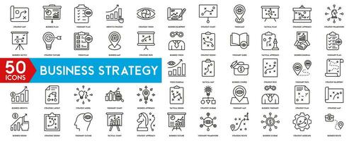 Business strategy set of web icons in line style. Business solutions icons for web and mobile app. Action List, research, solution, team, marketing, startup, advertising, business process, management vector