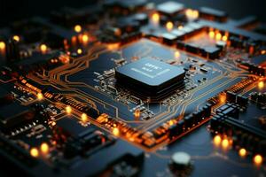 complejo circuitería diseño grabado sobre el superficie de el electrónico circuito tablero ai generado foto