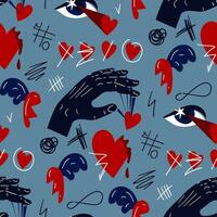 Seamless pattern with the image of the elements of the heartthrob. Hand manipulating, eyes shooting hearts, crossed out hearts on blue. Conceptual illustration. Ideal for decoration textiles packaging vector