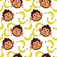 Seamless pattern with funny monkey face and bananas. Vector illustration of a tropical animal with food on a white background. Children's cartoon illustration for printing on textiles and paper