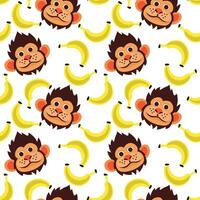 Seamless pattern with funny monkey face and bananas. Vector illustration of a tropical animal with food on a white background. Children's cartoon illustration for printing on textiles and paper