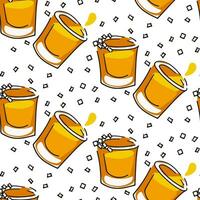 A pattern from a stack of tequila and salt. Color seamless vector pattern of tequila glasses on a white background. Abstract, cartoon image with an alcoholic drink. Printing on textiles and paper