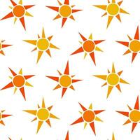 Vector hand-drawn seamless pattern, sunny background, sunny drawings isolated on white background, yellow geometric elements, sunset, nature background. Packaging, label of products from the sun