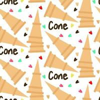 A pattern with waffle cones for ice cream on a white background with the inscription cone and hearts. Cute summer vector illustration for printing on textiles and paper