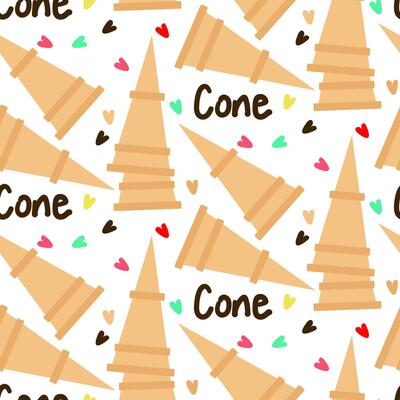 A pattern with waffle cones for ice cream on a white background with the inscription cone and hearts. Cute summer vector illustration for printing on textiles and paper