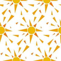 Vector hand-drawn seamless pattern, sunny background, sunny drawings isolated on a white background, yellow geometric elements, sun rays, nature background. Packaging, label for products from the sun