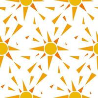 Vector hand-drawn seamless pattern, sunny background, sunny drawings isolated on a white background, yellow geometric elements, sun rays, nature background. Packaging, label for products from the sun