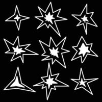 un conjunto de blanco estrellas y un contorno. brillante chispas en negro, el símbolo de fuegos artificiales, el resplandor de un estrella. reluciente decoración, brillante ligero efecto. vector ilustración de aislado parpadeo, parpadea