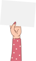 Woman hand raising and holding blank paper notepad, png file no background