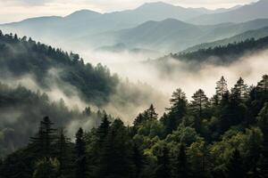 Smoky cloudy mountains trees earth. Generate AI photo