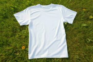 White t-shirt green grass model. Generate Ai photo