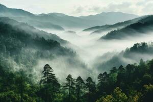 Smoky cloudy mountains trees view. Generate AI photo