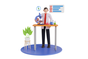 3d illustratie van mannetje wetenschapper werken met microscoop in laboratorium. biochemisch analyse met wetenschap uitrusting png