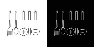 Cutlery stickers set. Assortment of cookware. Icons of whisk, colander, and spatula for baking, cooking, and frying food vector