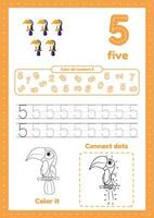 Activity page for preschool kids. Educational worksheets with exercises. Trace, color, dot to dot on one page. Learning number 5 vector