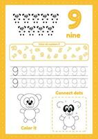 Educational page with many exercises for preschool kids. Trace, color, dot to dot on one page. Learning number 9. vector