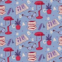 Education bold 90s retro seamless pattern with books, glasses, stack, library lamp and hand drawn letters. Cosy minimalistic design for wrapping paper, textile, decoration, scrapbooking vector