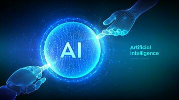 AI. Artificial Intelligence. Hands of Robot and Human touching sphere with circuit board pattern. Artificial Intelligence and Machine Learning technology concept. Neural networks. Vector illustration.