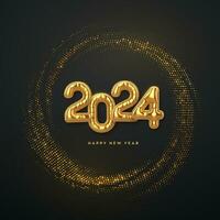 Happy New 2024 Year. Golden balloon numbers 2024 on shimmering background. High detailed 3D realistic gold foil helium balloons. Bursting backdrop with glitters. Festive banner. Vector illustration.