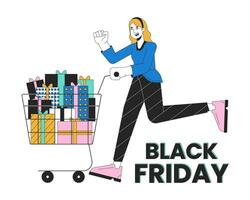 Holiday shopping 2D linear illustration concept. Female shopper pushing shopping cart cartoon character isolated on white. Pre black friday weekend metaphor abstract flat vector outline graphic