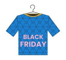 Black friday t shirt 2D linear illustration concept. Boutique store sales cartoon object isolated on white. Holiday shopping. Clothing shop with discounts metaphor abstract flat vector outline graphic