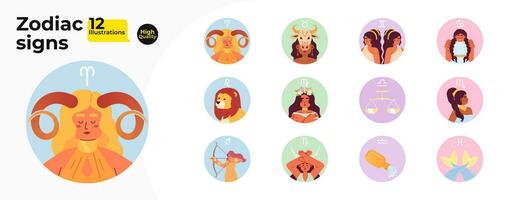 Zodiac signs flat round vector spot illustrations bundle. Horoscope woman symbols 2D cartoon characters on white for web UI design. Astrology isolated editable creative hero images collection