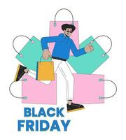 Black friday shopping bags retail 2D linear illustration concept. Shopper male running with boutique bag cartoon character isolated on white. Weekend sale metaphor abstract flat vector outline graphic