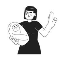Angry asian woman holding baby monochromatic flat vector character. Stop gesture. Editable thin line half body person on white. Simple bw cartoon spot image for web graphic design