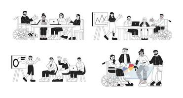 Diverse team works together black and white cartoon flat illustration set. Diversity coworkers linear 2D characters isolated. Inclusion workplace teamwork monochromatic scenes vector image collection