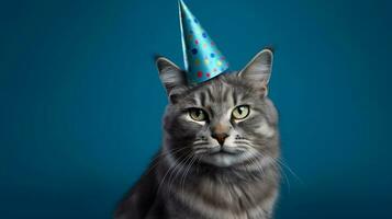 feliz felino, gato con cumpleaños sombrero y azul fondo ai generado foto