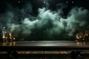 Dark canvas with rising smoke, wooden table awaits your products spotlight AI Generated photo