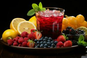 Wholesome display, assorted fresh fruits   berries, citrus, apples   juice filled glasses Colorful health AI Generated photo