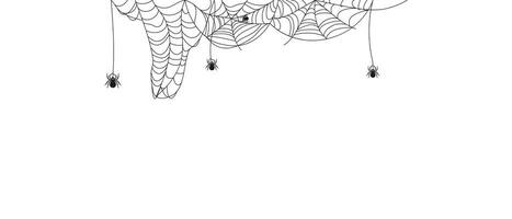 Halloween border with abstract spiderweb texture with spiders. Decor for Halloween celebration. Abstract texture of insect traps. Isolated graphic template. Vector illustration.