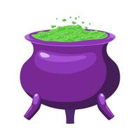 A purple cauldron with green liquid in it. Halloween design element. Isolated witch pot graphic template. Vector illustration.