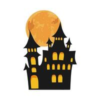 Halloween castle with full moon. Black haunted house silhouette. Halloween design element. Isolated graphic template. Vector illustration.