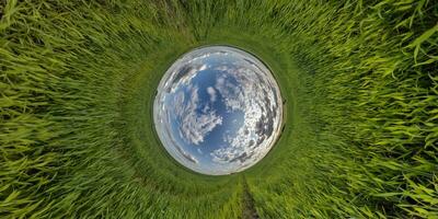 blue hole sphere little planet inside green grass round frame background. photo