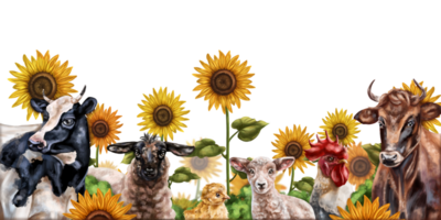 Horizontal frame with a composition of cows, sheep and chickens. Farm animals graze in a field of sunflowers. Digital illustration png