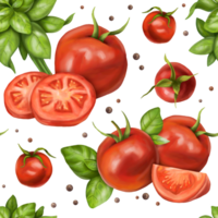 desatado padronizar com composições do vermelho tomates, cereja, Pimenta, cachos e manjericão folhas. floral fundo para têxteis, tecidos, invólucro papel e de outros desenhos png