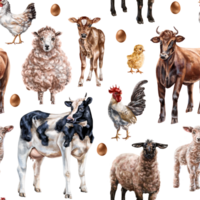 Farm animals on the pasture. Cow, sheep and chickens on the ranch. Simple rural life, nature and plants. Seamless pattern, digital illustration. For packaging, fabrics and textiles. png