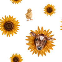 Seamless hand drawn pattern with a calf in a sunflower and a chicken. Flower background for textiles, fabrics, banner, wrapping paper and other designs. Digital illustration png