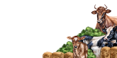 Angular horizontal border with a composition of cow, bull and calf. Farm animals grazing among bushes and haystacks. Digital illustration png