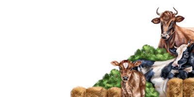 Angular horizontal border with a composition of cow, bull and calf. Farm animals grazing among bushes and haystacks. Digital illustration png