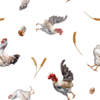 Seamless hand drawn pattern with chicken and rooster. Flower background for textiles, fabrics, banner, wrapping paper and other designs. Digital illustration png