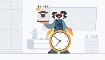 energizado dama con uno de un tipo y precaución reloj, aprendizaje sujeto. de moda estilo, vector ilustración