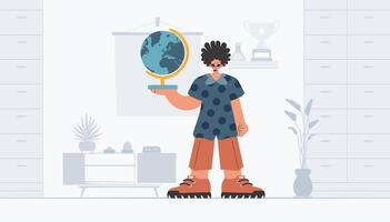 The individual is holding a colossal globe, the subject of learning. Trendy style, Vector Illustration