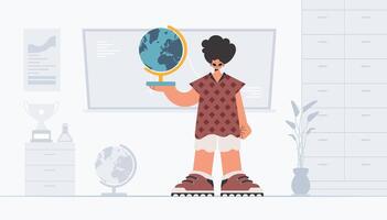 A cartoon character holding a globe in front of a desk vector