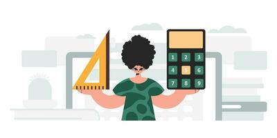 The individual is holding a ruler and a calculator, learning subject. Trendy style, Vector Illustration
