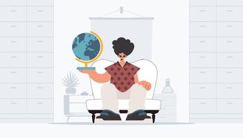 The individual is holding a colossal globe, the subject of learning. Trendy style, Vector Illustration