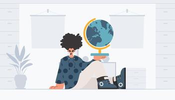 The individual is holding a colossal globe, the subject of learning. Trendy style, Vector Illustration