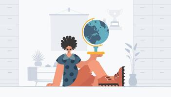 The person is holding a colossal globe, the subject of learning. Trendy style, Vector Illustration